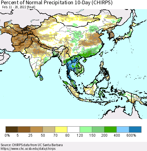 Asia Percent of Normal Precipitation 10-Day (CHIRPS) Thematic Map For 2/11/2022 - 2/20/2022