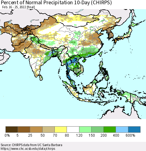 Asia Percent of Normal Precipitation 10-Day (CHIRPS) Thematic Map For 2/16/2022 - 2/25/2022