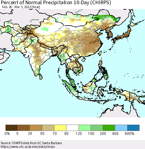 Asia Percent of Normal Precipitation 10-Day (CHIRPS) Thematic Map For 2/26/2022 - 3/5/2022
