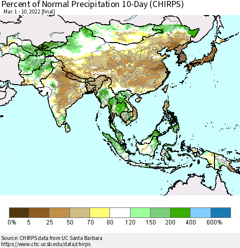 Asia Percent of Normal Precipitation 10-Day (CHIRPS) Thematic Map For 3/1/2022 - 3/10/2022