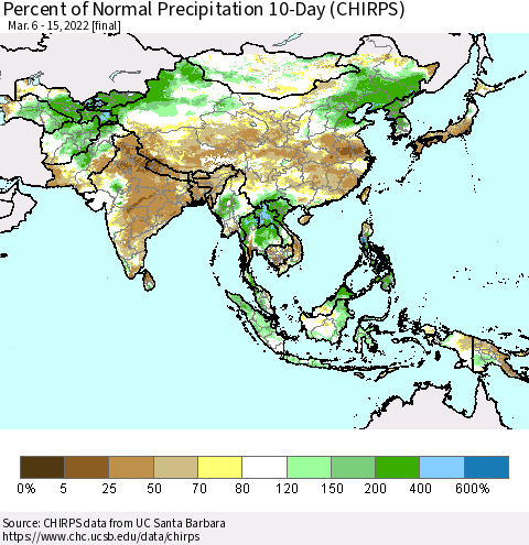 Asia Percent of Normal Precipitation 10-Day (CHIRPS) Thematic Map For 3/6/2022 - 3/15/2022