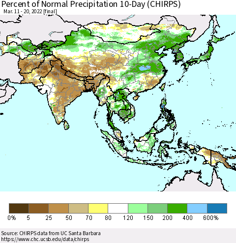 Asia Percent of Normal Precipitation 10-Day (CHIRPS) Thematic Map For 3/11/2022 - 3/20/2022