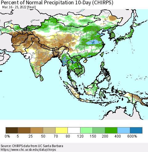 Asia Percent of Normal Precipitation 10-Day (CHIRPS) Thematic Map For 3/16/2022 - 3/25/2022