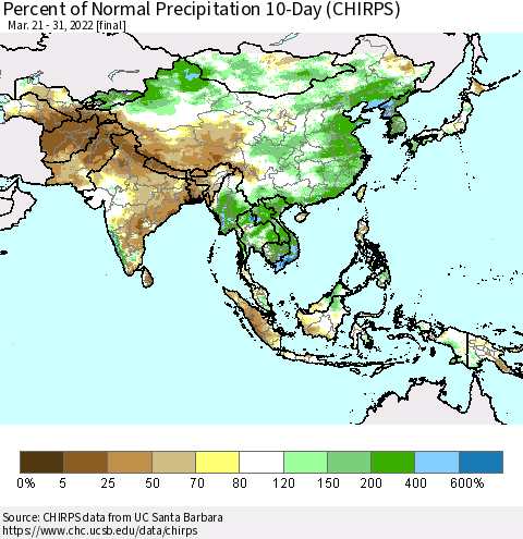 Asia Percent of Normal Precipitation 10-Day (CHIRPS) Thematic Map For 3/21/2022 - 3/31/2022