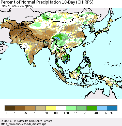 Asia Percent of Normal Precipitation 10-Day (CHIRPS) Thematic Map For 3/26/2022 - 4/5/2022