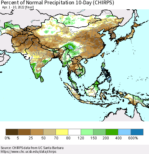 Asia Percent of Normal Precipitation 10-Day (CHIRPS) Thematic Map For 4/1/2022 - 4/10/2022