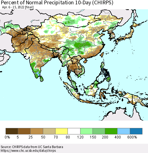 Asia Percent of Normal Precipitation 10-Day (CHIRPS) Thematic Map For 4/6/2022 - 4/15/2022