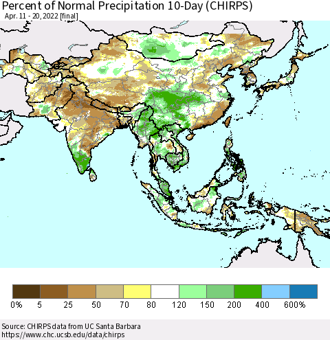 Asia Percent of Normal Precipitation 10-Day (CHIRPS) Thematic Map For 4/11/2022 - 4/20/2022