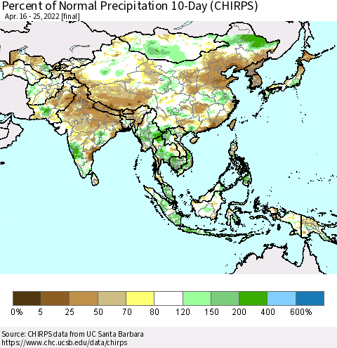 Asia Percent of Normal Precipitation 10-Day (CHIRPS) Thematic Map For 4/16/2022 - 4/25/2022