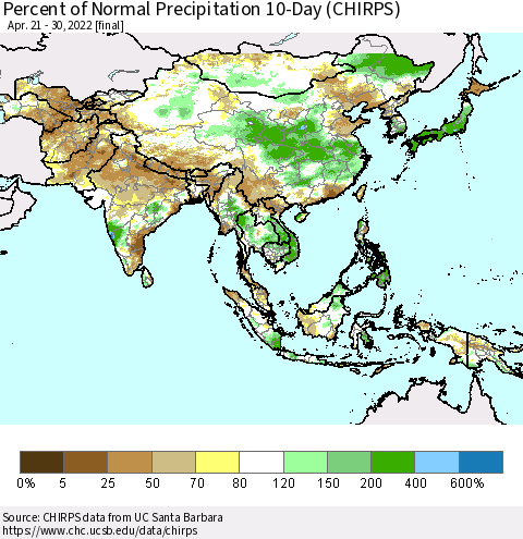 Asia Percent of Normal Precipitation 10-Day (CHIRPS) Thematic Map For 4/21/2022 - 4/30/2022