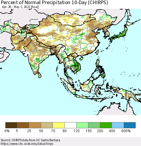 Asia Percent of Normal Precipitation 10-Day (CHIRPS) Thematic Map For 4/26/2022 - 5/5/2022