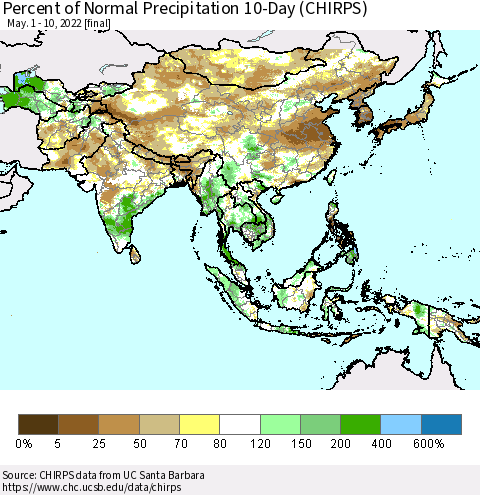 Asia Percent of Normal Precipitation 10-Day (CHIRPS) Thematic Map For 5/1/2022 - 5/10/2022