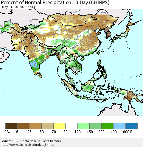 Asia Percent of Normal Precipitation 10-Day (CHIRPS) Thematic Map For 5/11/2022 - 5/20/2022
