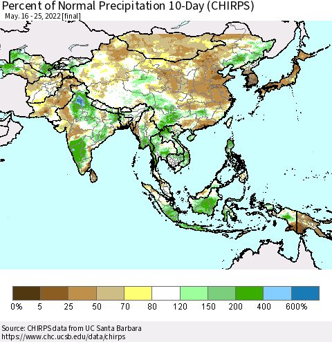 Asia Percent of Normal Precipitation 10-Day (CHIRPS) Thematic Map For 5/16/2022 - 5/25/2022