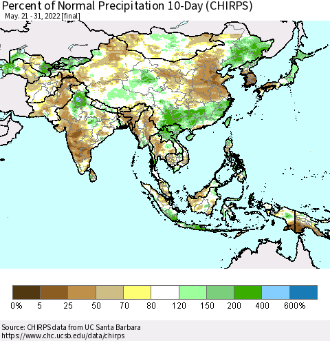 Asia Percent of Normal Precipitation 10-Day (CHIRPS) Thematic Map For 5/21/2022 - 5/31/2022