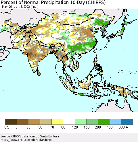 Asia Percent of Normal Precipitation 10-Day (CHIRPS) Thematic Map For 5/26/2022 - 6/5/2022