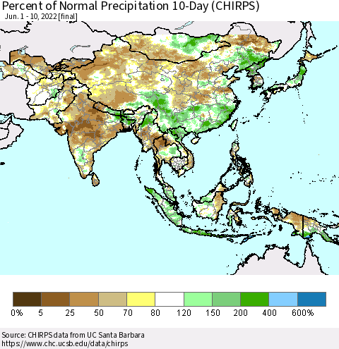 Asia Percent of Normal Precipitation 10-Day (CHIRPS) Thematic Map For 6/1/2022 - 6/10/2022