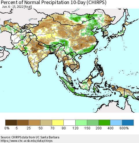 Asia Percent of Normal Precipitation 10-Day (CHIRPS) Thematic Map For 6/6/2022 - 6/15/2022