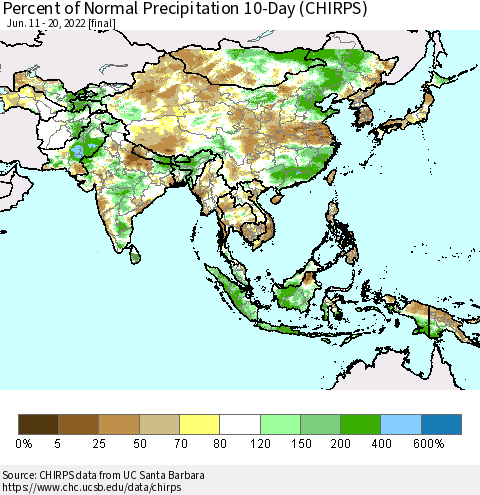 Asia Percent of Normal Precipitation 10-Day (CHIRPS) Thematic Map For 6/11/2022 - 6/20/2022