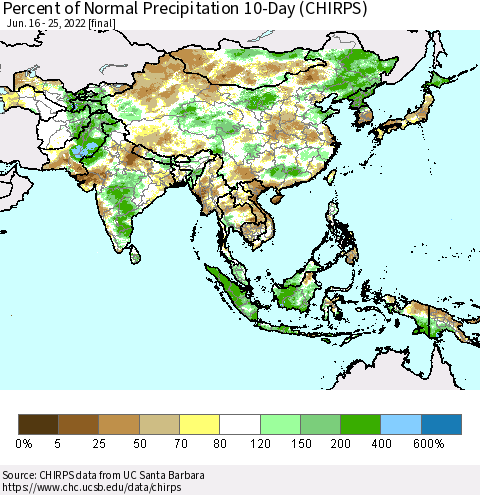 Asia Percent of Normal Precipitation 10-Day (CHIRPS) Thematic Map For 6/16/2022 - 6/25/2022
