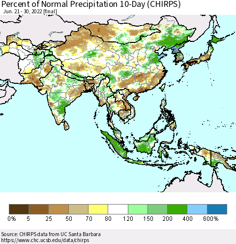Asia Percent of Normal Precipitation 10-Day (CHIRPS) Thematic Map For 6/21/2022 - 6/30/2022