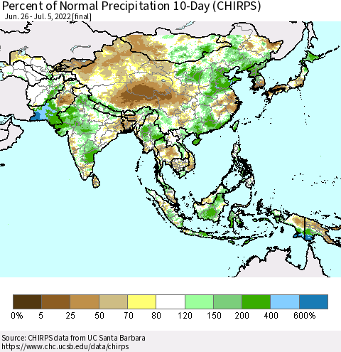 Asia Percent of Normal Precipitation 10-Day (CHIRPS) Thematic Map For 6/26/2022 - 7/5/2022