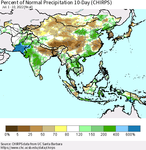 Asia Percent of Normal Precipitation 10-Day (CHIRPS) Thematic Map For 7/1/2022 - 7/10/2022