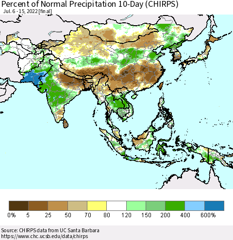 Asia Percent of Normal Precipitation 10-Day (CHIRPS) Thematic Map For 7/6/2022 - 7/15/2022