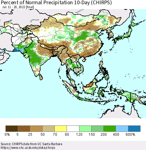 Asia Percent of Normal Precipitation 10-Day (CHIRPS) Thematic Map For 7/11/2022 - 7/20/2022