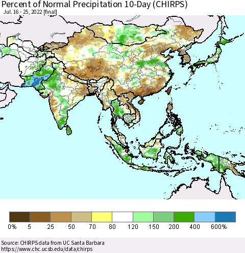 Asia Percent of Normal Precipitation 10-Day (CHIRPS) Thematic Map For 7/16/2022 - 7/25/2022