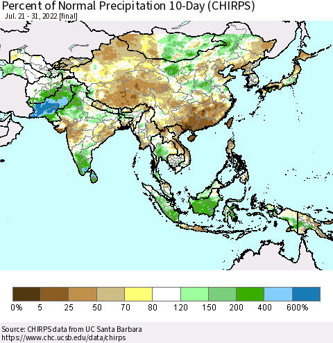Asia Percent of Normal Precipitation 10-Day (CHIRPS) Thematic Map For 7/21/2022 - 7/31/2022