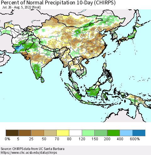 Asia Percent of Normal Precipitation 10-Day (CHIRPS) Thematic Map For 7/26/2022 - 8/5/2022