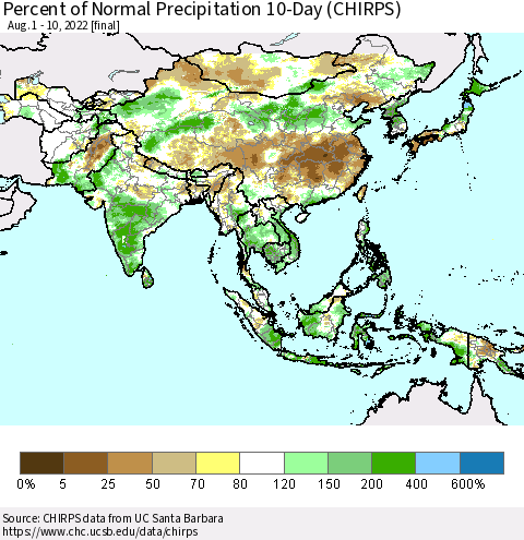 Asia Percent of Normal Precipitation 10-Day (CHIRPS) Thematic Map For 8/1/2022 - 8/10/2022