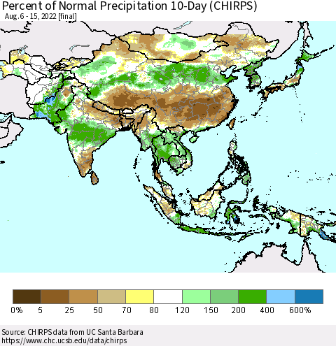 Asia Percent of Normal Precipitation 10-Day (CHIRPS) Thematic Map For 8/6/2022 - 8/15/2022