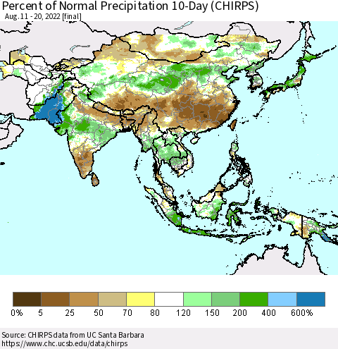 Asia Percent of Normal Precipitation 10-Day (CHIRPS) Thematic Map For 8/11/2022 - 8/20/2022