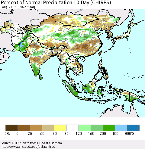 Asia Percent of Normal Precipitation 10-Day (CHIRPS) Thematic Map For 8/21/2022 - 8/31/2022