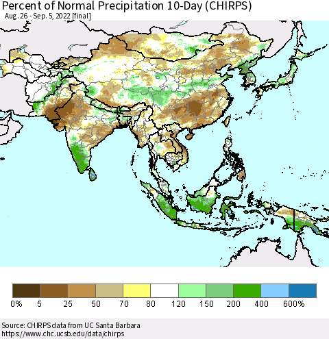 Asia Percent of Normal Precipitation 10-Day (CHIRPS) Thematic Map For 8/26/2022 - 9/5/2022