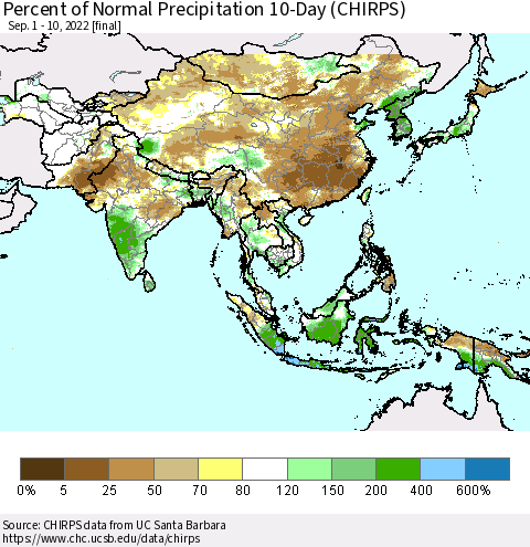 Asia Percent of Normal Precipitation 10-Day (CHIRPS) Thematic Map For 9/1/2022 - 9/10/2022