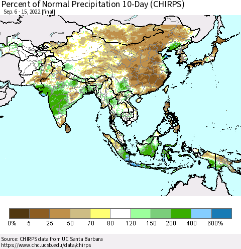 Asia Percent of Normal Precipitation 10-Day (CHIRPS) Thematic Map For 9/6/2022 - 9/15/2022