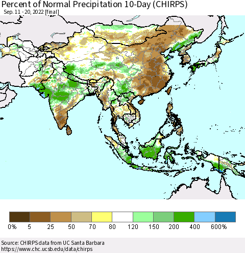 Asia Percent of Normal Precipitation 10-Day (CHIRPS) Thematic Map For 9/11/2022 - 9/20/2022