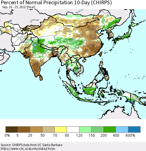 Asia Percent of Normal Precipitation 10-Day (CHIRPS) Thematic Map For 9/16/2022 - 9/25/2022