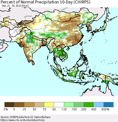 Asia Percent of Normal Precipitation 10-Day (CHIRPS) Thematic Map For 9/21/2022 - 9/30/2022