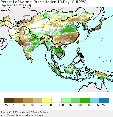 Asia Percent of Normal Precipitation 10-Day (CHIRPS) Thematic Map For 9/26/2022 - 10/5/2022