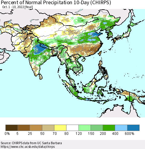 Asia Percent of Normal Precipitation 10-Day (CHIRPS) Thematic Map For 10/1/2022 - 10/10/2022