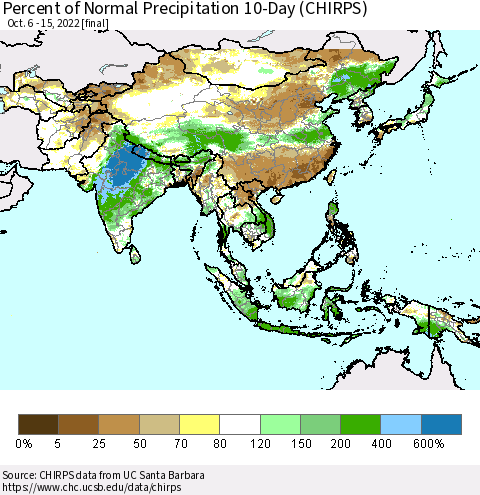 Asia Percent of Normal Precipitation 10-Day (CHIRPS) Thematic Map For 10/6/2022 - 10/15/2022