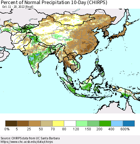 Asia Percent of Normal Precipitation 10-Day (CHIRPS) Thematic Map For 10/11/2022 - 10/20/2022
