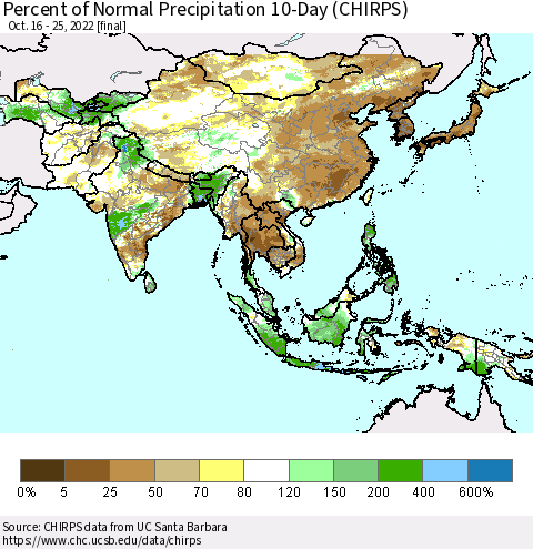 Asia Percent of Normal Precipitation 10-Day (CHIRPS) Thematic Map For 10/16/2022 - 10/25/2022