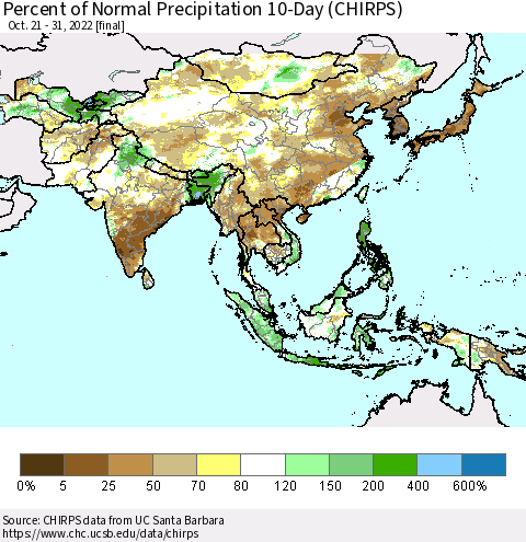 Asia Percent of Normal Precipitation 10-Day (CHIRPS) Thematic Map For 10/21/2022 - 10/31/2022