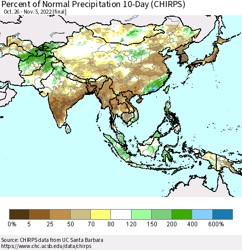 Asia Percent of Normal Precipitation 10-Day (CHIRPS) Thematic Map For 10/26/2022 - 11/5/2022