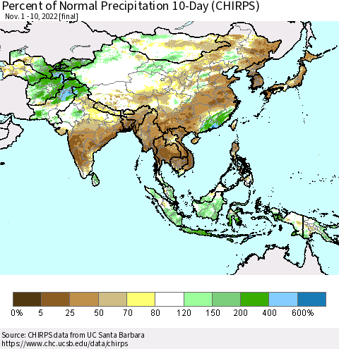 Asia Percent of Normal Precipitation 10-Day (CHIRPS) Thematic Map For 11/1/2022 - 11/10/2022